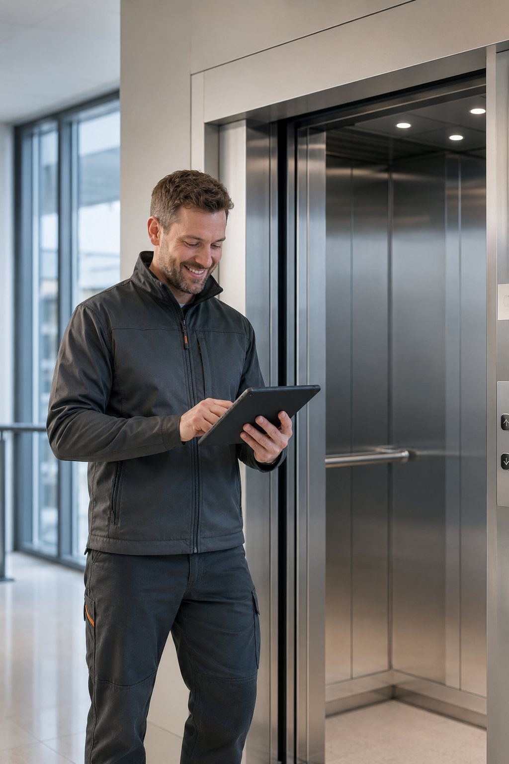Lift engineer working through training material on a tablet beside a lift entrance