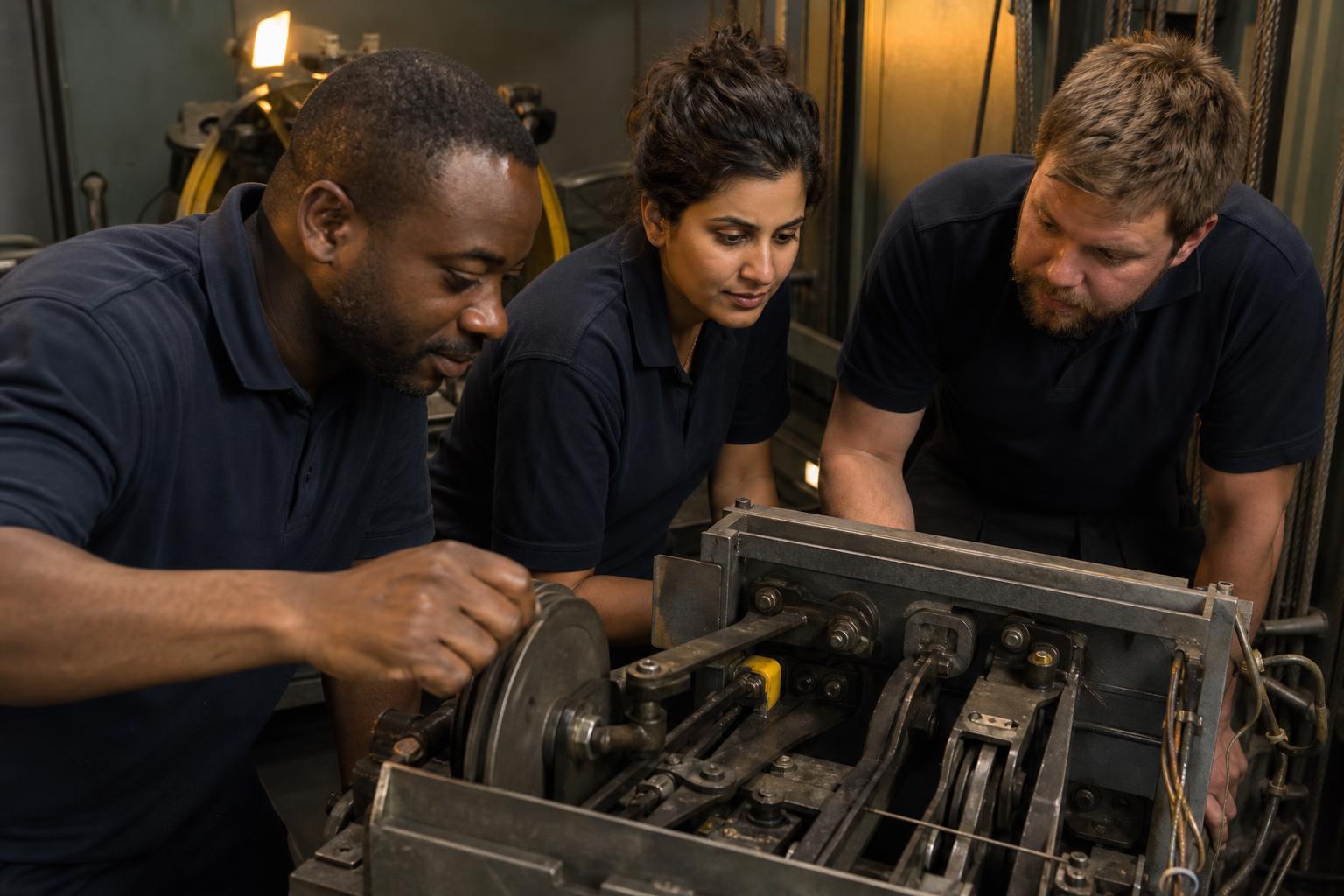 Three colleagues at a workshop bench working through a stripped-down lift door operator