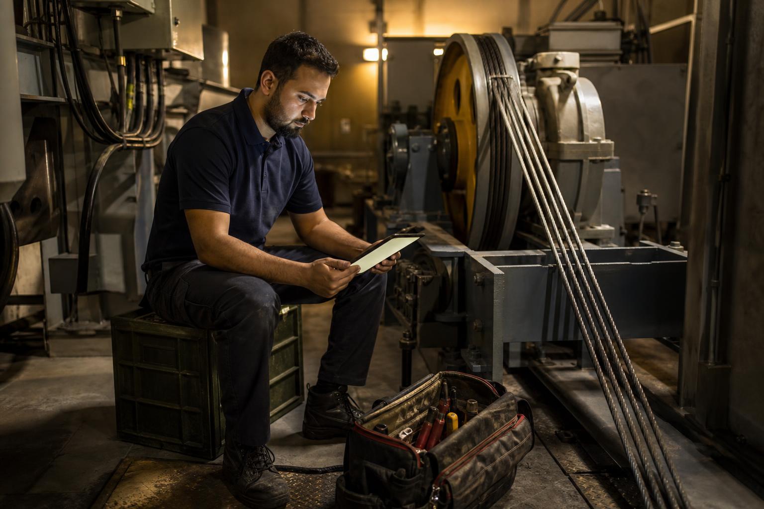 An engineer reading course material on a tablet during a break in a plant room