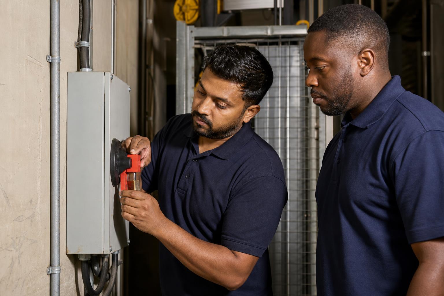 An engineer fitting a lock-off clamp and padlock to a lift isolator while a colleague watches