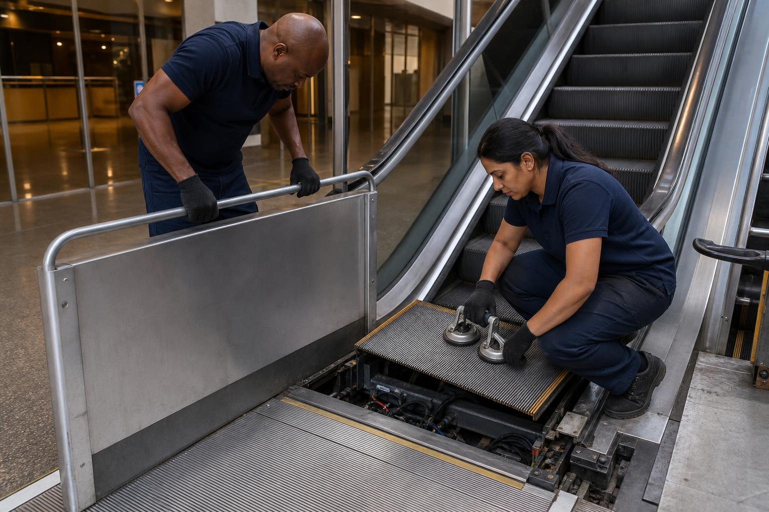 Two engineers taking an escalator out of service, setting barriers and lifting the first step plate