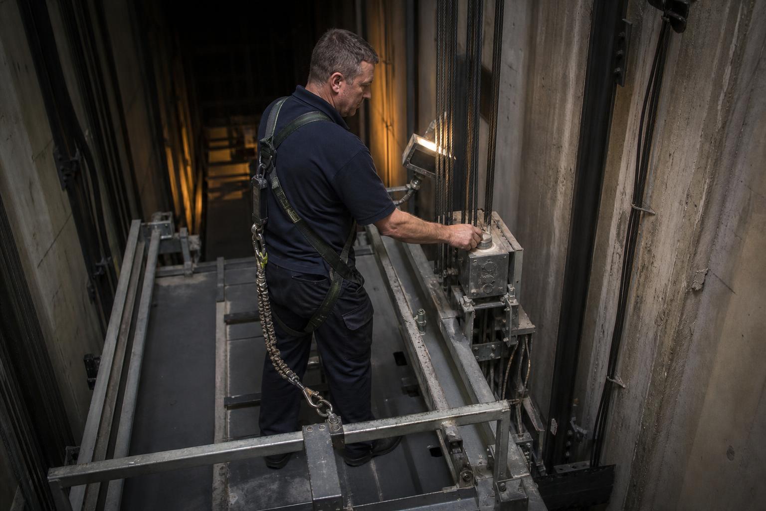 An engineer working on top of a lift car in a harness clipped to an anchor point on the car frame