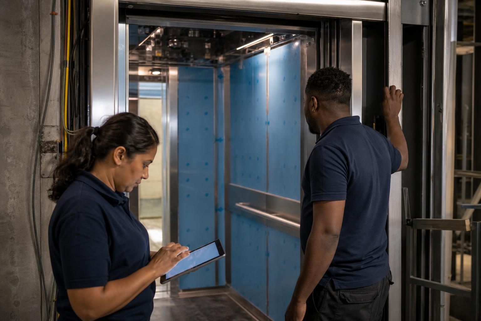 Two engineers commissioning a new lift, its car panels still covered in protective film