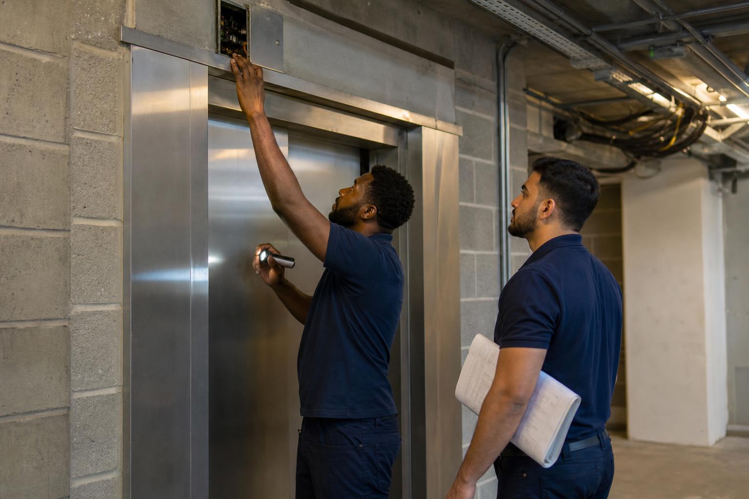 An engineer at a lift landing in a firefighting lobby, opening the access cover beside the doors