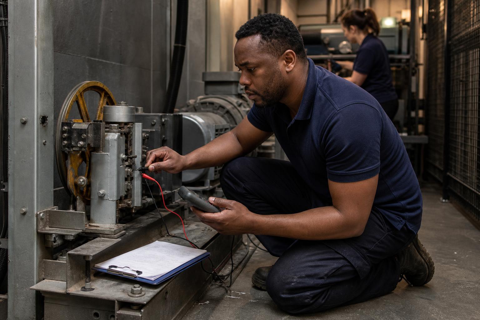 An engineer taking a reading from a lift overspeed governor with a hand-held meter