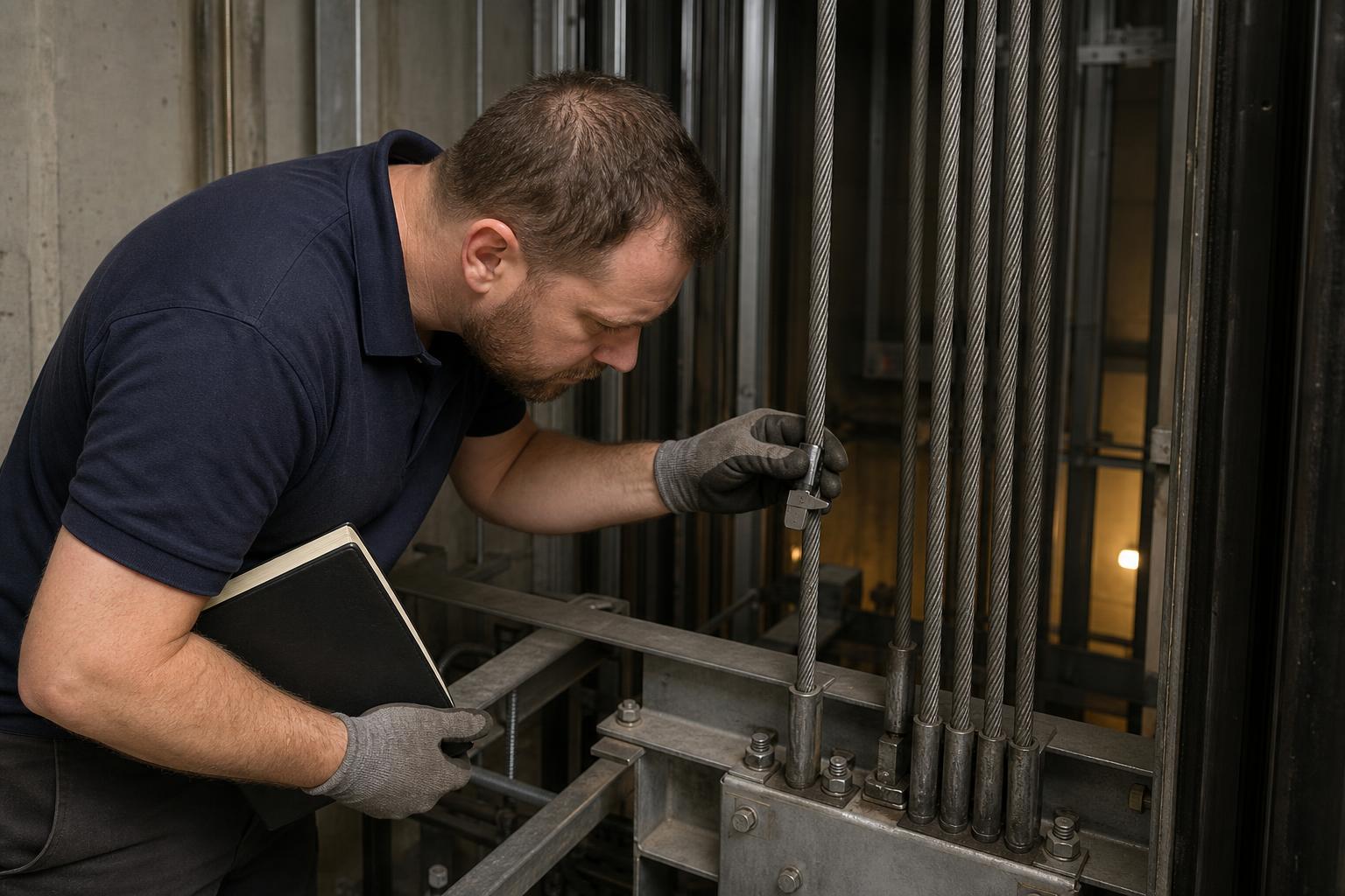 An engineer examining lift suspension ropes at their terminations with a rope gauge