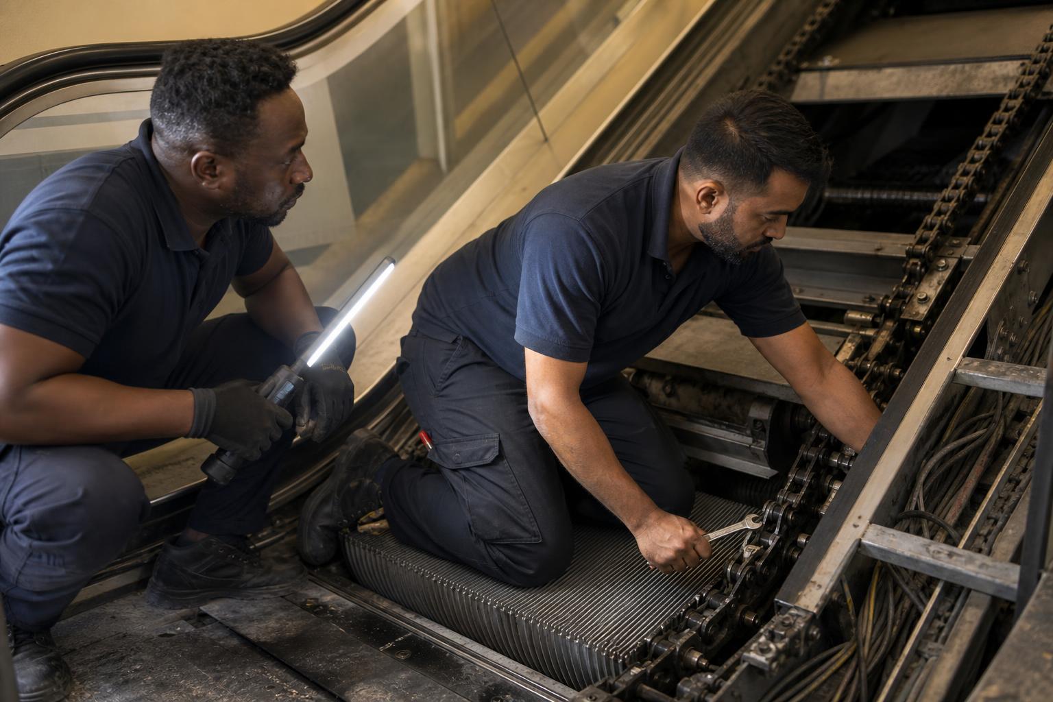 Two engineers working on the step chain inside an opened escalator truss, one holding a work light