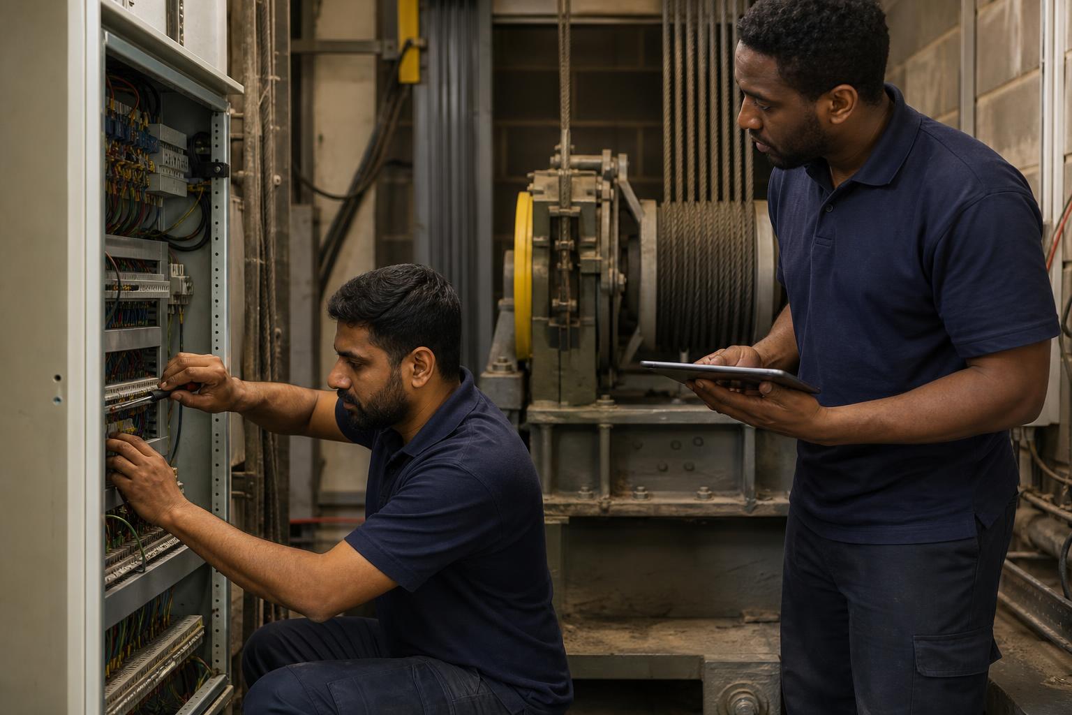 An engineer tracing a wiring fault at an open lift control cabinet while a colleague records the work on a tablet