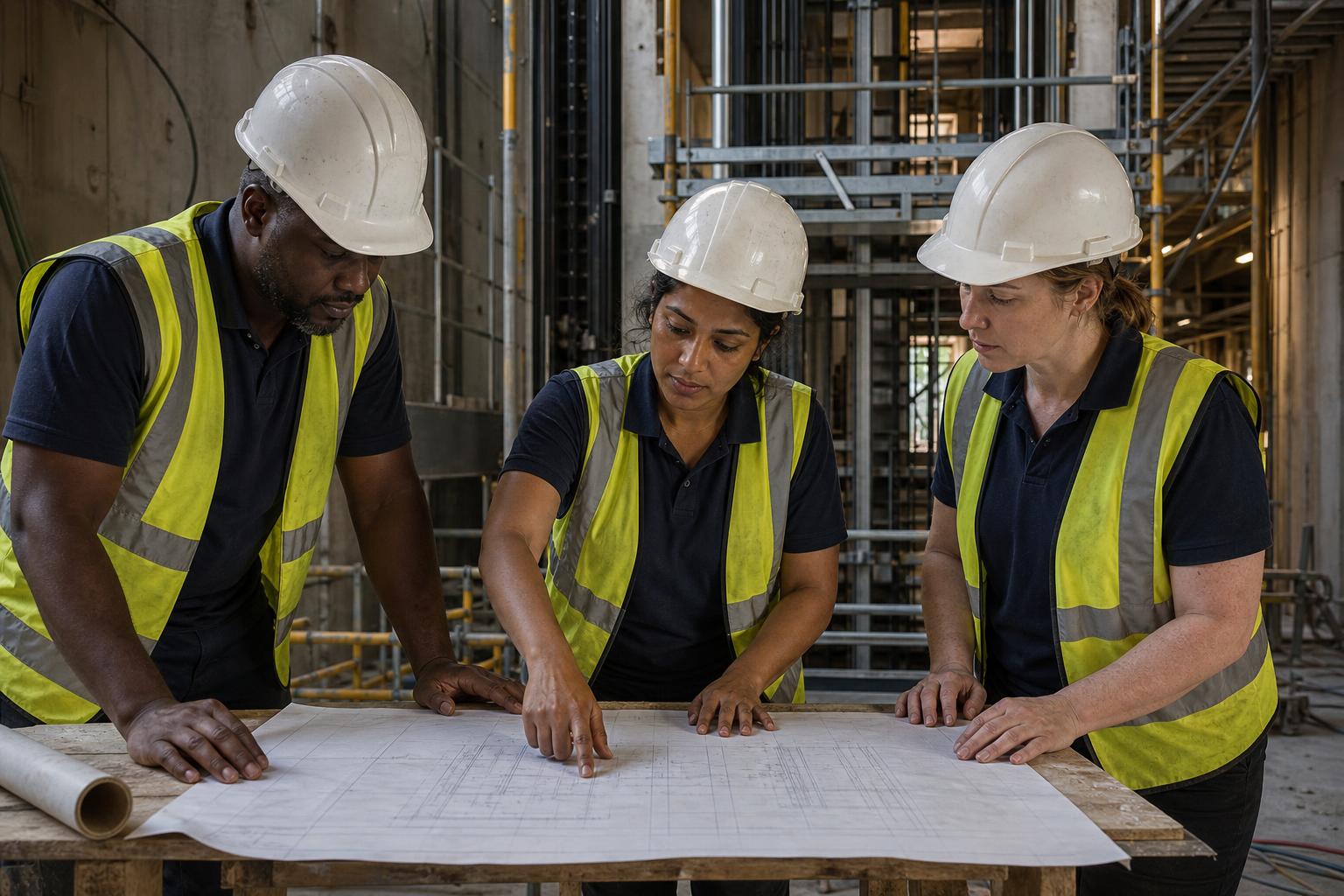 Three people in hard hats around a drawing on a trestle at a lift installation site